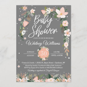 Whimsical Floral Blush Pink Grey Girl Baby Shower Invitation