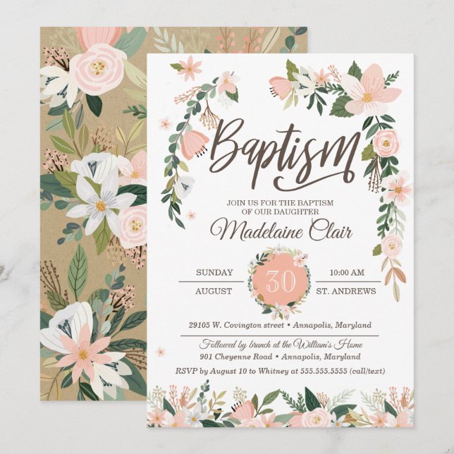 Whimsical Floral Blush Pink & White Girl Baptism Invitation (Front/Back)
