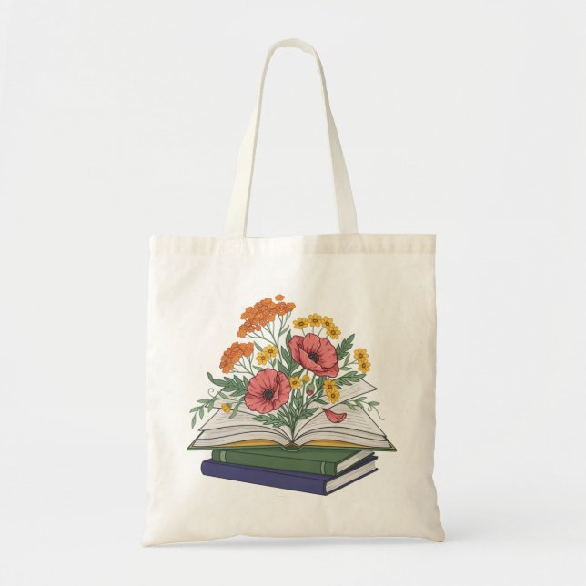 Whimsical Floral Book Stack Cute Reader Graphic Tote Bag (Front)