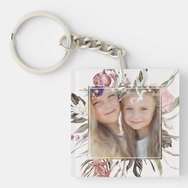 Whimsical Floral Bouquet Photo Keychain (Front)