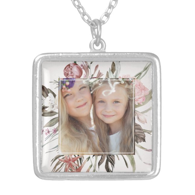 Whimsical Floral Bouquet Photo Silver Plated Necklace (Front)
