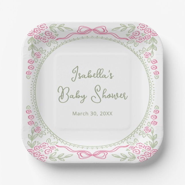 Whimsical Floral Bow Baby Shower  Paper Plates (Front)