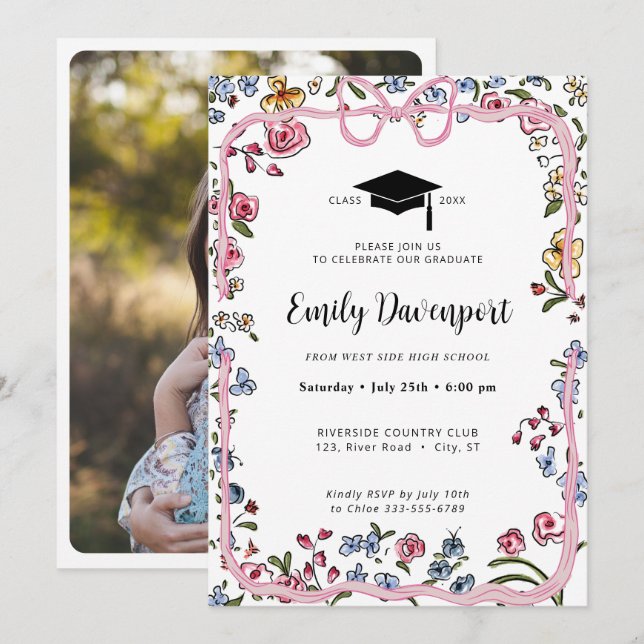 Whimsical Floral Bow Graduation photo on back  Invitation (Front/Back)