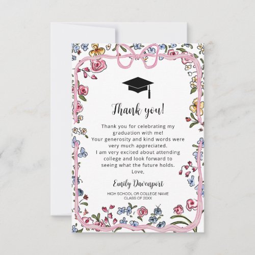 Whimsical Floral Bow Graduation photo on back  Thank You Card