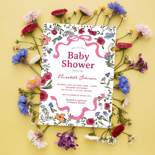 Whimsical Floral Bow Wildflower Baby Shower Invitation