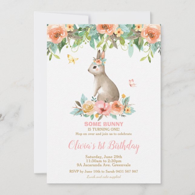 Whimsical Floral Bunny Rabbit 1st Birthday Party Invitation (Front)