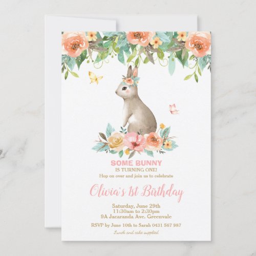 Whimsical Floral Bunny Rabbit 1st Birthday Party Invitation