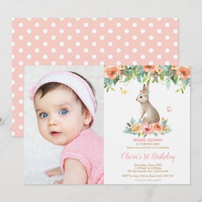 Whimsical Floral Bunny Rabbit 1st Birthday Photo Invitation (Front/Back)