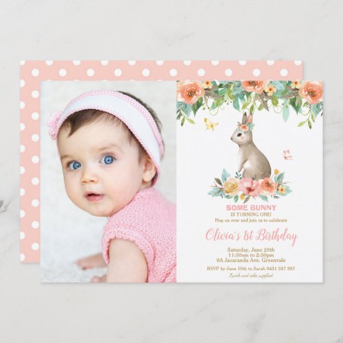 Whimsical Floral Bunny Rabbit 1st Birthday Photo Invitation