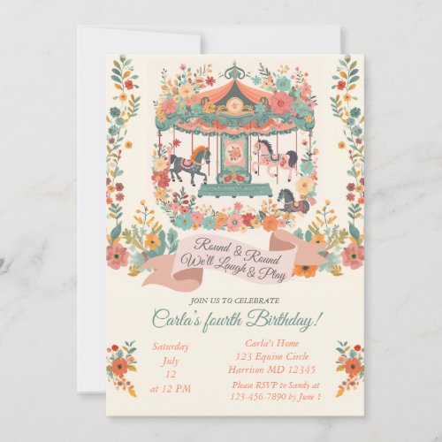 Whimsical Floral Carousel Horse Carnival Birthday Invitation