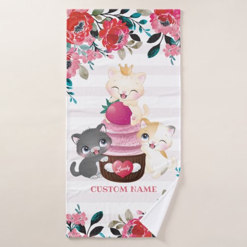 Whimsical Floral Cartoon Cats Strawberry Bath Towel