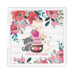 Whimsical Floral Cartoon Cats Strawberry Cupcake Acrylic Tray