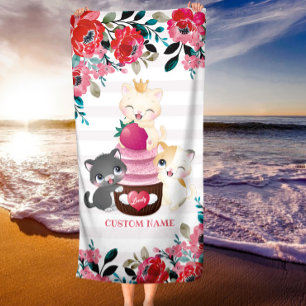 Whimsical Floral Cartoon Cats Strawberry Cupcake Beach Towel
