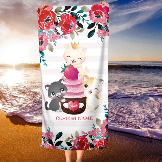 Whimsical Floral Cartoon Cats Strawberry Cupcake Beach Towel (Creator Uploaded)