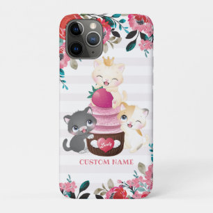 Whimsical Floral Cartoon Cats Strawberry Cupcake iPhone 11 Pro Case
