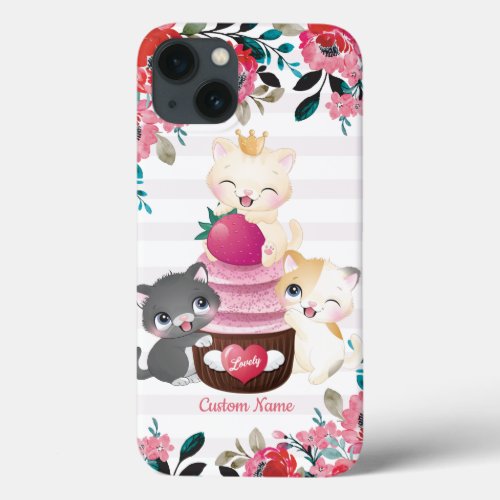 Whimsical Floral Cartoon Cats Strawberry Cupcake iPhone 13 Case