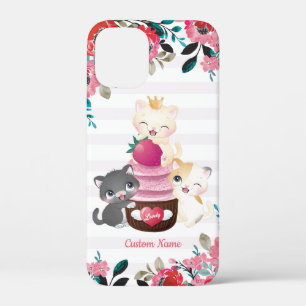 Whimsical Floral Cartoon Cats Strawberry Cupcake iPhone 12 Mini Case