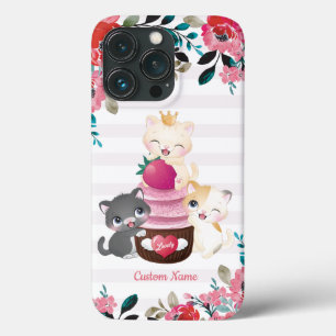 Whimsical Floral Cartoon Cats Strawberry Cupcake iPhone 13 Pro Case