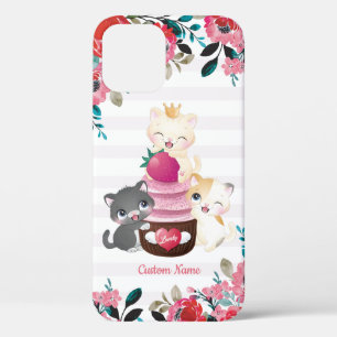 Whimsical Floral Cartoon Cats Strawberry Cupcake iPhone 12 Case