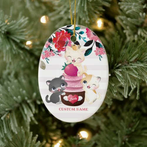 Whimsical Floral Cartoon Cats Strawberry Cupcake Ceramic Ornament