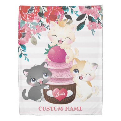 Whimsical Floral Cartoon Cats Strawberry Cupcake Duvet Cover