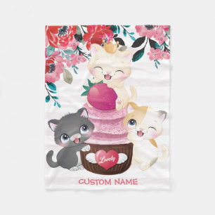 Whimsical Floral Cartoon Cats Strawberry Cupcake Fleece Blanket