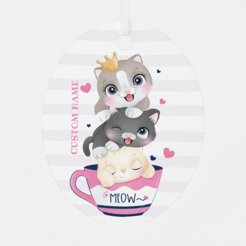 Whimsical Floral Cartoon Cats Strawberry Cupcake Metal Ornament
