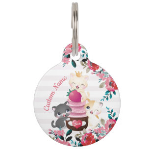Whimsical Floral Cartoon Cats Strawberry Cupcake Pet ID Tag