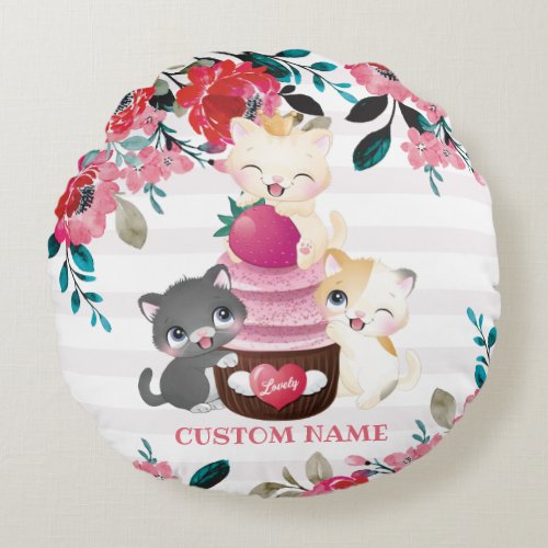 Whimsical Floral Cartoon Cats Strawberry Cupcake Round Pillow
