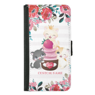 Whimsical Floral Cartoon Cats Strawberry Cupcake Samsung Galaxy S5 Wallet Case