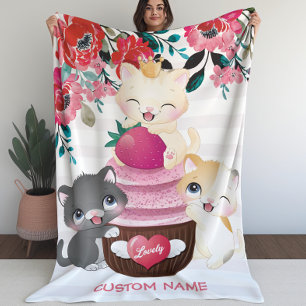 Whimsical Floral Cartoon Cats Strawberry Cupcake Sherpa Blanket