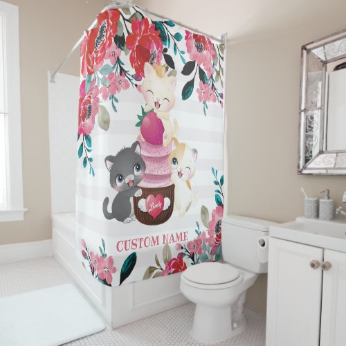 Whimsical Floral Cartoon Cats Strawberry Cupcake Shower Curtain