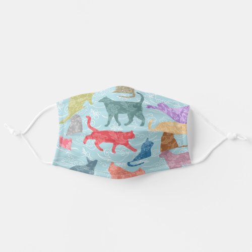 Whimsical Floral Cats on Sky Blue Background Adult Cloth Face Mask
