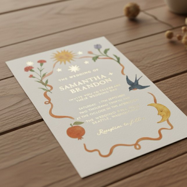 Whimsical Floral & Celestial Gold Wedding Foil Invitation (Creator Uploaded)