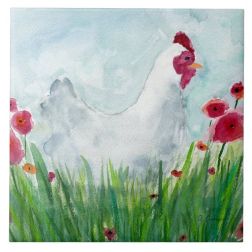 Whimsical Floral Chicken Ceramic Tile