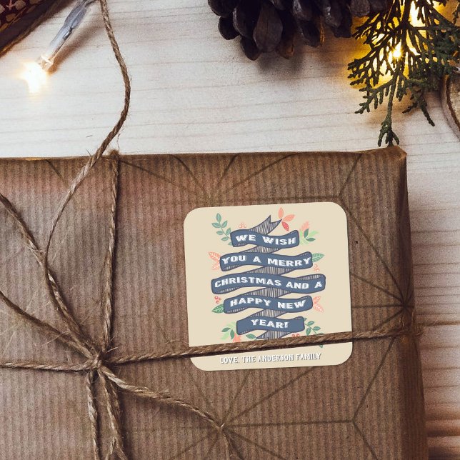 Whimsical Floral Christmas Banner Holiday Square Sticker (Creator Uploaded)