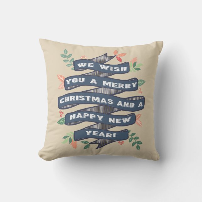 Whimsical Floral Christmas Banner Holiday Throw Pillow (Front)