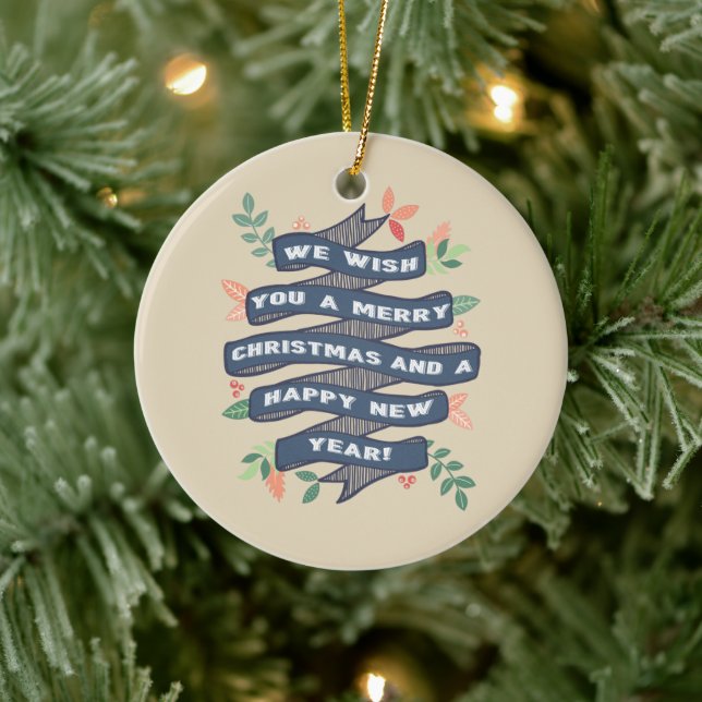 Whimsical Floral Christmas Banner Photo Holiday Ceramic Ornament (Tree)