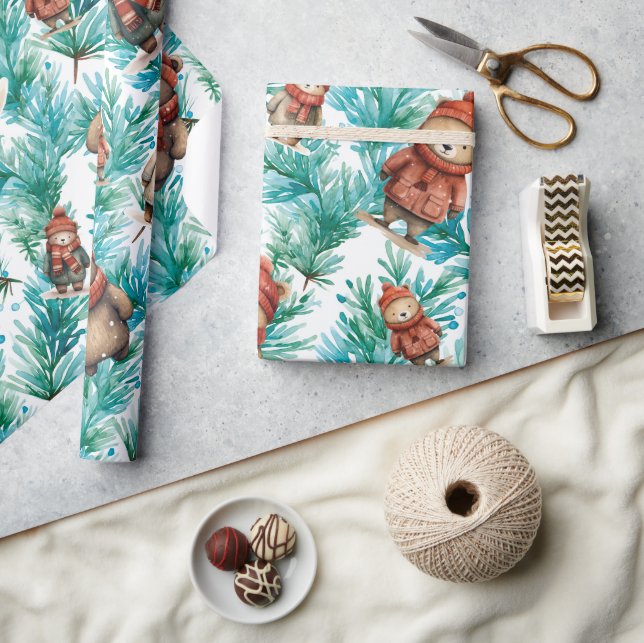 Whimsical Floral Christmas Bears Wrapping Paper (Crafts)