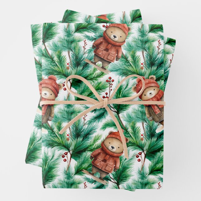 Whimsical Floral Christmas Bears Wrapping Paper (In situ)
