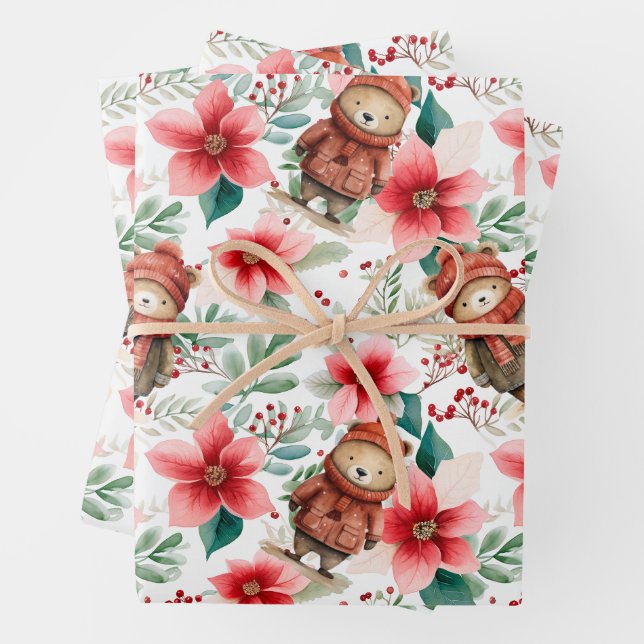 Whimsical Floral Christmas Bears Wrapping Paper (In situ)