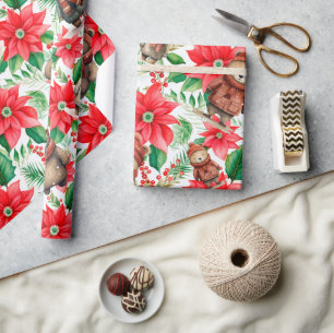 Whimsical Floral Christmas Bears Wrapping Paper