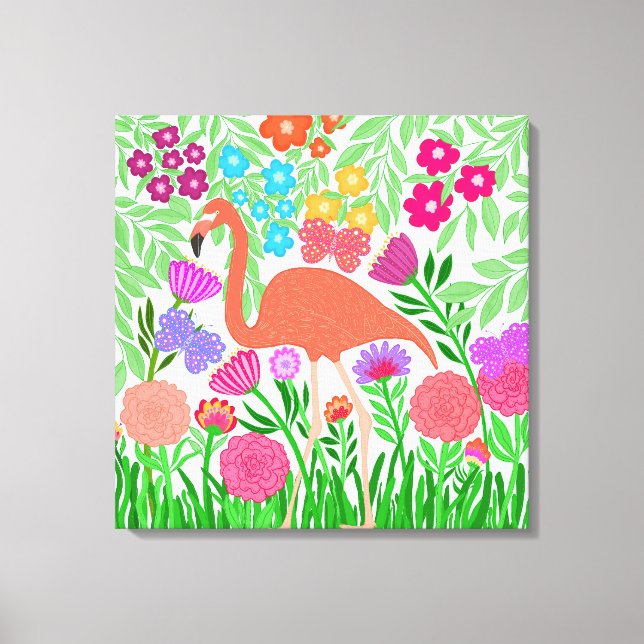 Whimsical Floral Coral Flamingo Art Canvas Print (Front)