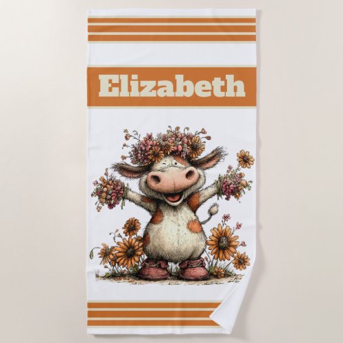 Whimsical Floral Cow Illustration Beach Towel