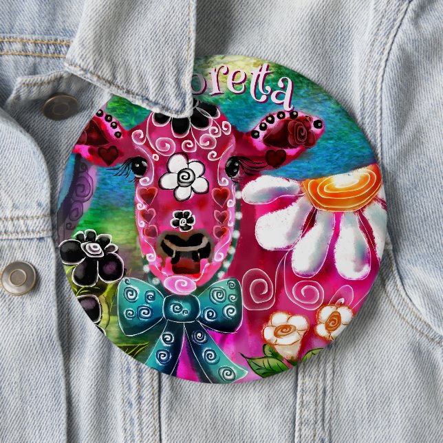 Whimsical Floral Cow Pink Teal Black Personalized Button (In Situ)