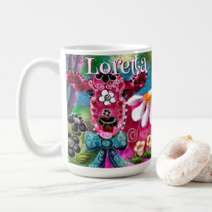 Whimsical Floral Cow Pink Teal Black Personalized Coffee Mug