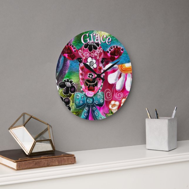 Whimsical Floral Cow Pink Teal Black Personalized Large Clock (Office)
