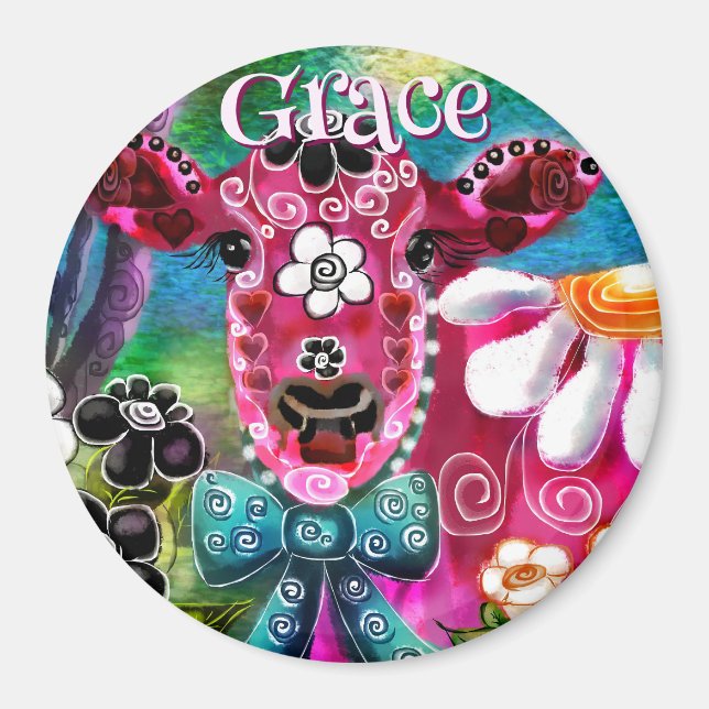 Whimsical Floral Cow Pink Teal Black Personalized Magnet (Front)