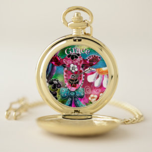 Whimsical Floral Cow Pink Teal Black Personalized Pocket Watch