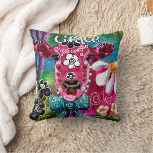 Whimsical Floral Cow Pink Teal Black Personalized Throw Pillow